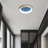 Wood Circular Thin Flushmount Lighting Nordic Style Green/Blue LED Ceiling Mounted Light, 12"/16"/19.5" Width Blue 12" Clearhalo 'Ceiling Lights' 'Close To Ceiling Lights' 'Close to ceiling' 'Flush mount' Lighting' 370549