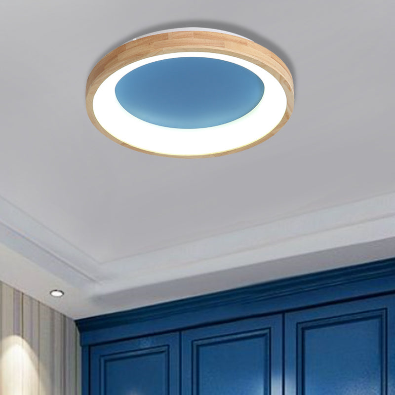 Wood Circular Thin Flushmount Lighting Nordic Style Green/Blue LED Ceiling Mounted Light, 12"/16"/19.5" Width Clearhalo 'Ceiling Lights' 'Close To Ceiling Lights' 'Close to ceiling' 'Flush mount' Lighting' 370550