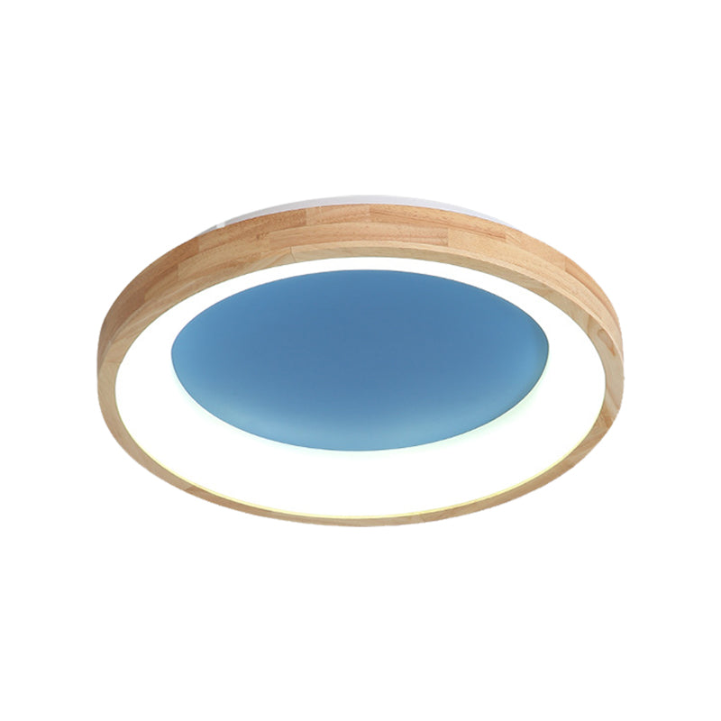 Wood Circular Thin Flushmount Lighting Nordic Style Green/Blue LED Ceiling Mounted Light, 12"/16"/19.5" Width Clearhalo 'Ceiling Lights' 'Close To Ceiling Lights' 'Close to ceiling' 'Flush mount' Lighting' 370551