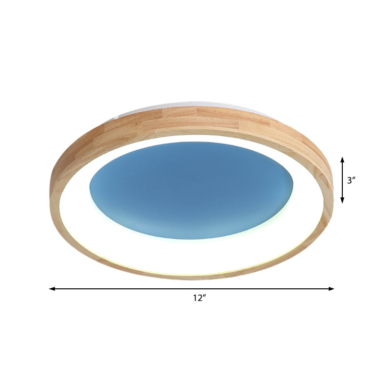 Wood Circular Thin Flushmount Lighting Nordic Style Green/Blue LED Ceiling Mounted Light, 12"/16"/19.5" Width Clearhalo 'Ceiling Lights' 'Close To Ceiling Lights' 'Close to ceiling' 'Flush mount' Lighting' 370552