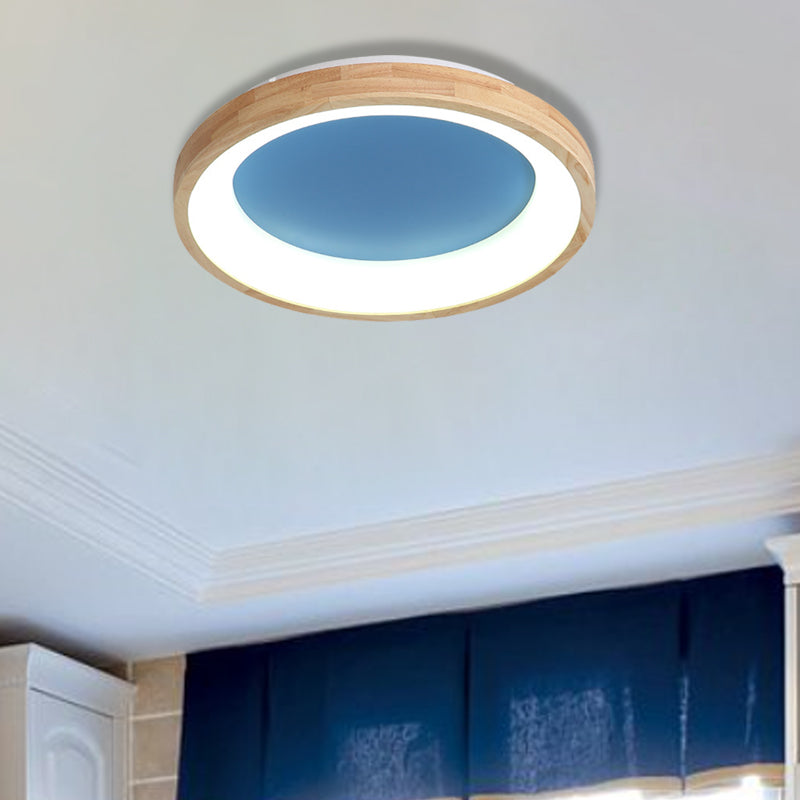 Wood Circular Thin Flushmount Lighting Nordic Style Green/Blue LED Ceiling Mounted Light, 12"/16"/19.5" Width Blue 19.5" Clearhalo 'Ceiling Lights' 'Close To Ceiling Lights' 'Close to ceiling' 'Flush mount' Lighting' 370557