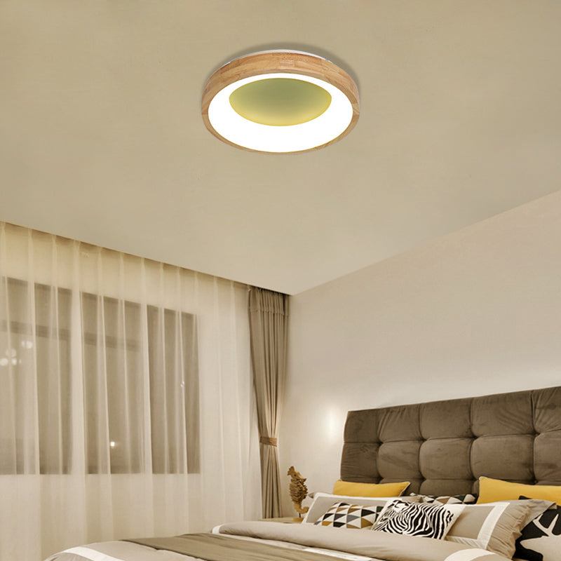 Wood Circular Thin Flushmount Lighting Nordic Style Green/Blue LED Ceiling Mounted Light, 12"/16"/19.5" Width Clearhalo 'Ceiling Lights' 'Close To Ceiling Lights' 'Close to ceiling' 'Flush mount' Lighting' 370561