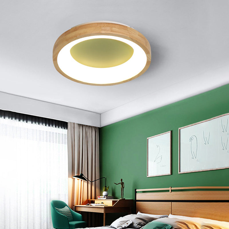 Wood Circular Thin Flushmount Lighting Nordic Style Green/Blue LED Ceiling Mounted Light, 12"/16"/19.5" Width Green 16" Clearhalo 'Ceiling Lights' 'Close To Ceiling Lights' 'Close to ceiling' 'Flush mount' Lighting' 370564