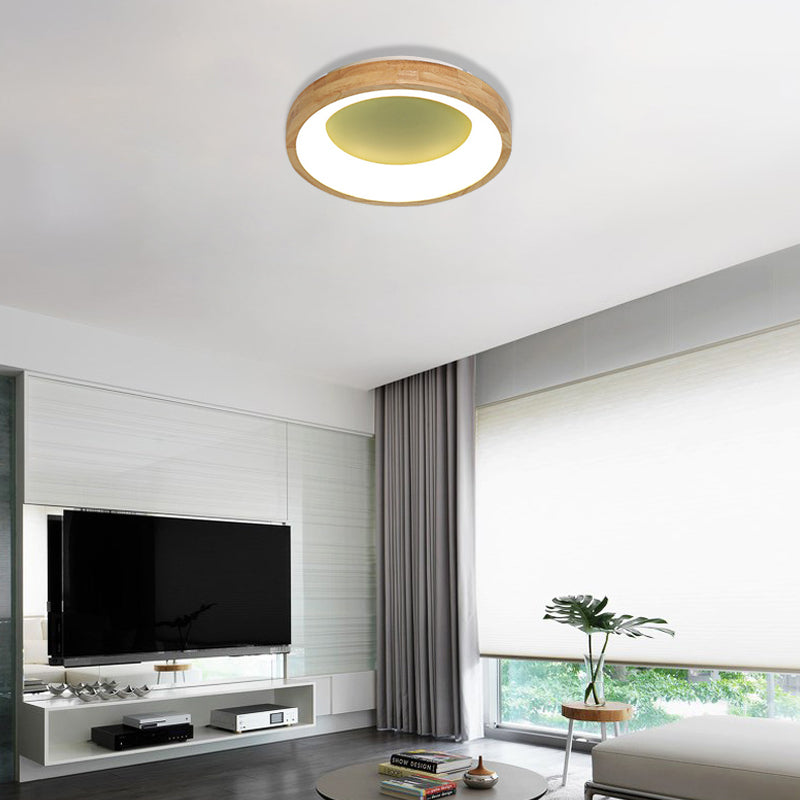 Wood Circular Thin Flushmount Lighting Nordic Style Green/Blue LED Ceiling Mounted Light, 12"/16"/19.5" Width Clearhalo 'Ceiling Lights' 'Close To Ceiling Lights' 'Close to ceiling' 'Flush mount' Lighting' 370568