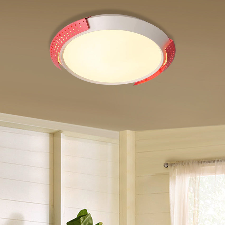 Pink/Gold Hollow Metal Ceiling Fixture Modern 16"/19.5" Round Flush Mount Ceiling Light for Bedroom Pink 19.5" 2 Color Clearhalo 'Ceiling Lights' 'Close To Ceiling Lights' 'Close to ceiling' 'Flush mount' Lighting' 370682