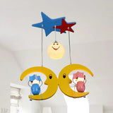 Lovely Moon Hanging Light with Couple Wood 3 Lights Yellow Pendant Light for Nursing Room Clearhalo 'Ceiling Lights' 'Pendant Lights' 'Pendants' Lighting' 37080