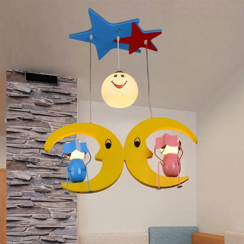 Lovely Moon Hanging Light with Couple Wood 3 Lights Yellow Pendant Light for Nursing Room Clearhalo 'Ceiling Lights' 'Pendant Lights' 'Pendants' Lighting' 37081