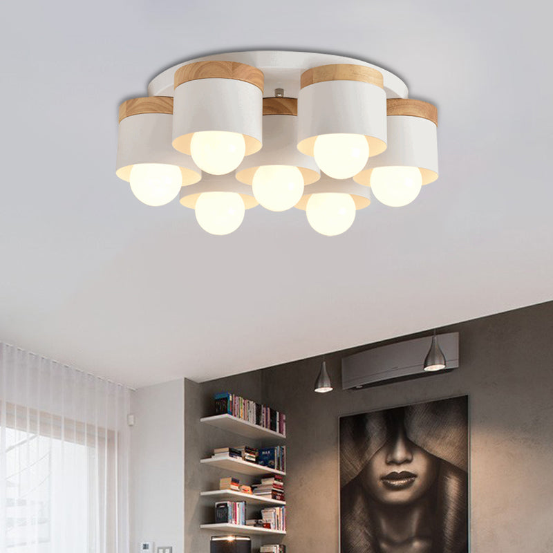 3/7 Heads Cylinder Ceiling Lights Flush Mount Modern Metal Wooden Ceiling Fixture for Indoor 7 White Clearhalo 'Ceiling Lights' 'Close To Ceiling Lights' 'Close to ceiling' 'Semi-flushmount' Lighting' 371046