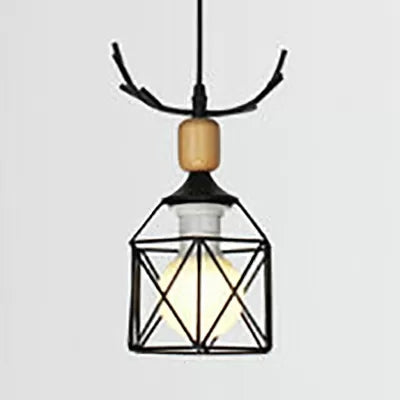 Metal Wire Frame Pendant Light with Antlers 1 Light Rustic Style Hanging Light in Black for Lodge Clearhalo 'Ceiling Lights' 'Pendant Lights' 'Pendants' Lighting' 37201