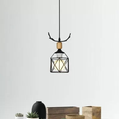 Metal Wire Frame Pendant Light with Antlers 1 Light Rustic Style Hanging Light in Black for Lodge Black Clearhalo 'Ceiling Lights' 'Pendant Lights' 'Pendants' Lighting' 37202_5c40f462-1526-4410-b90b-d1bc2741a671