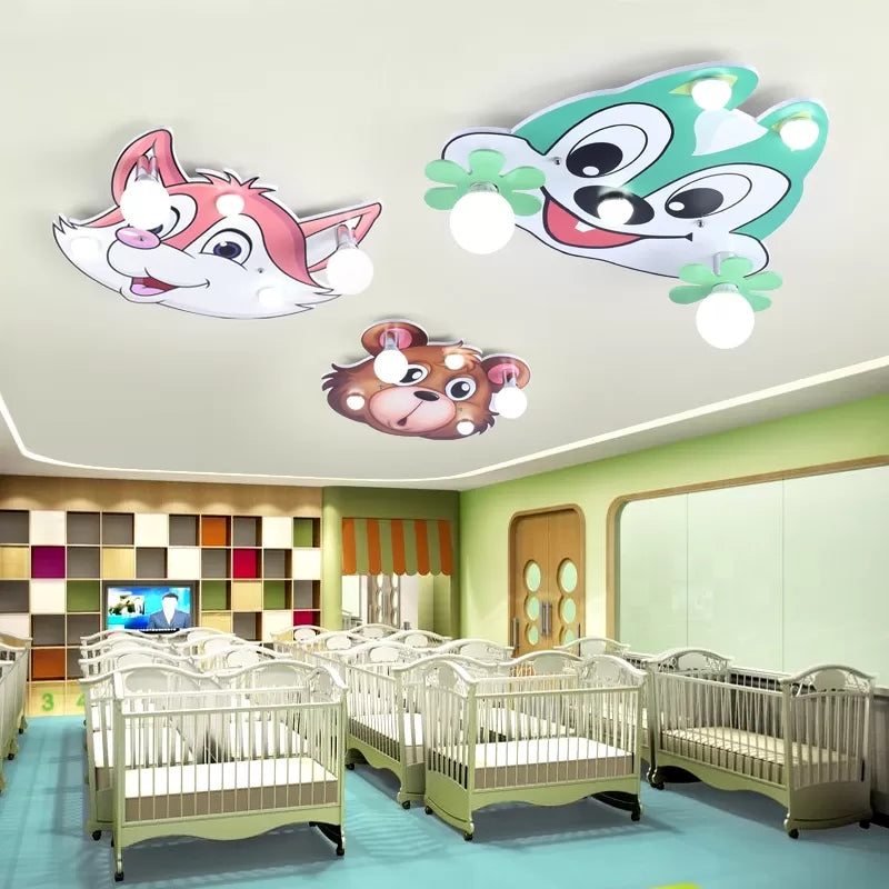 Wood Animal Flush Mount Light 5 Lights Cartoon Ceiling Lamp in Multi-Color for Kid Bedroom Clearhalo 'Ceiling Lights' 'Close To Ceiling Lights' 'Close to ceiling' 'Flush mount' Lighting' 37379