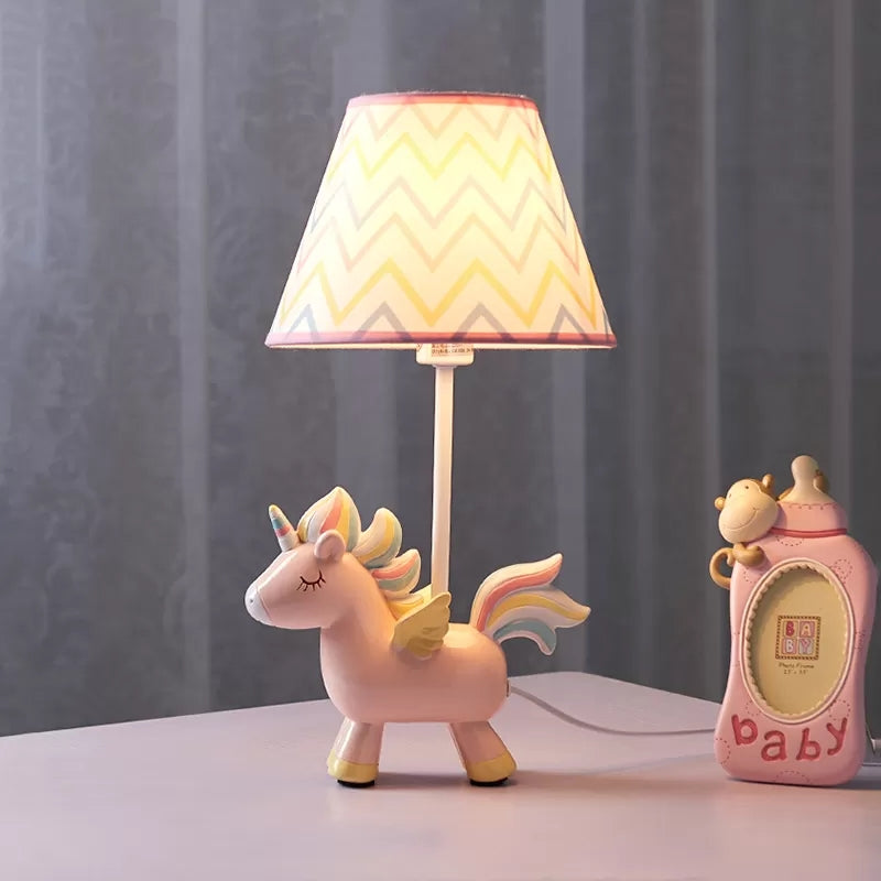 Animal Unicorn Desk Lamp Resin 1 Light Pink Desk Light with Fabric Shade for Girls Bedroom Pink Triangle Clearhalo 'Lamps' 'Table Lamps' Lighting' 37395