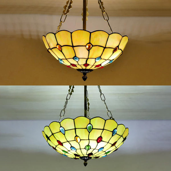 Beige Glass Bowl Pendant Light 12"/16"/19.5" W Tiffany Chandelier Lighting with Colorful Bead for Corridor Clearhalo 'Ceiling Lights' 'Close To Ceiling Lights' 'Close to ceiling' 'Glass shade' 'Glass' 'Semi-flushmount' 'Tiffany close to ceiling' 'Tiffany' Lighting' 37429