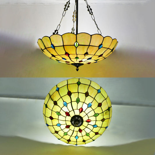 Beige Glass Bowl Pendant Light 12"/16"/19.5" W Tiffany Chandelier Lighting with Colorful Bead for Corridor Clearhalo 'Ceiling Lights' 'Close To Ceiling Lights' 'Close to ceiling' 'Glass shade' 'Glass' 'Semi-flushmount' 'Tiffany close to ceiling' 'Tiffany' Lighting' 37430