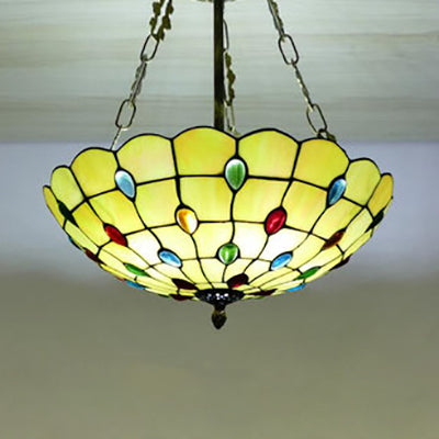 Beige Glass Bowl Pendant Light 12"/16"/19.5" W Tiffany Chandelier Lighting with Colorful Bead for Corridor Beige 19.5" Clearhalo 'Ceiling Lights' 'Close To Ceiling Lights' 'Close to ceiling' 'Glass shade' 'Glass' 'Semi-flushmount' 'Tiffany close to ceiling' 'Tiffany' Lighting' 37433