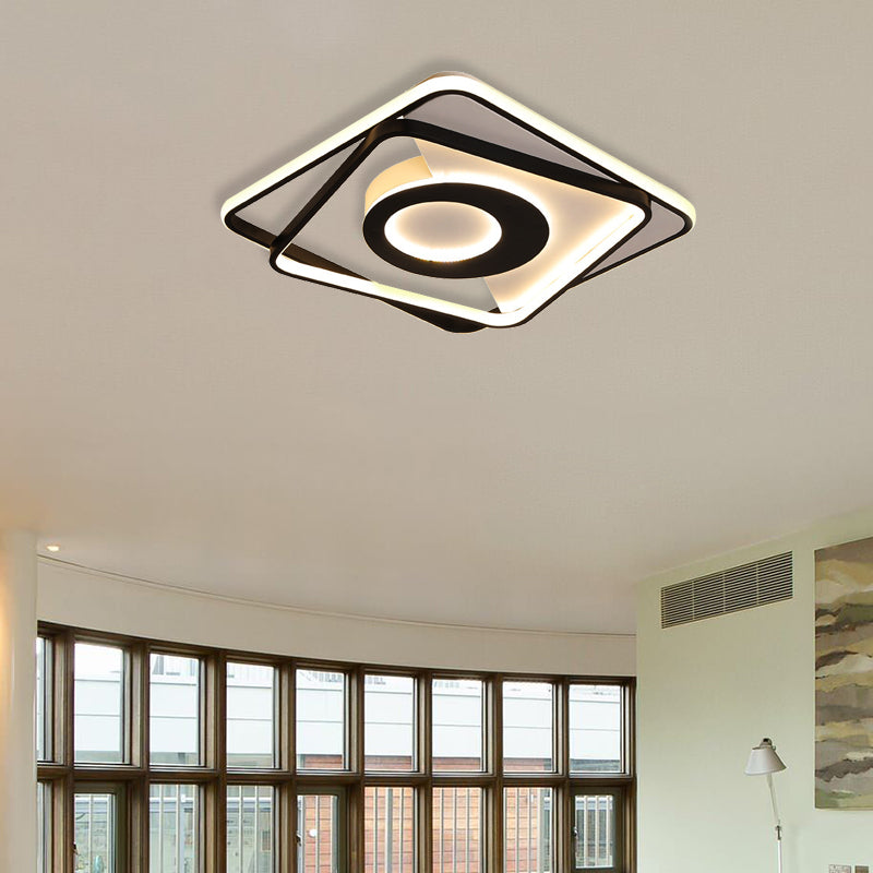 Black and White Square Flushmount Contemporary Metallic Led Indoor Ceiling Light for Bedroom, 16"/19.5"/23.5" W Clearhalo 'Ceiling Lights' 'Close To Ceiling Lights' 'Close to ceiling' 'Flush mount' Lighting' 375879