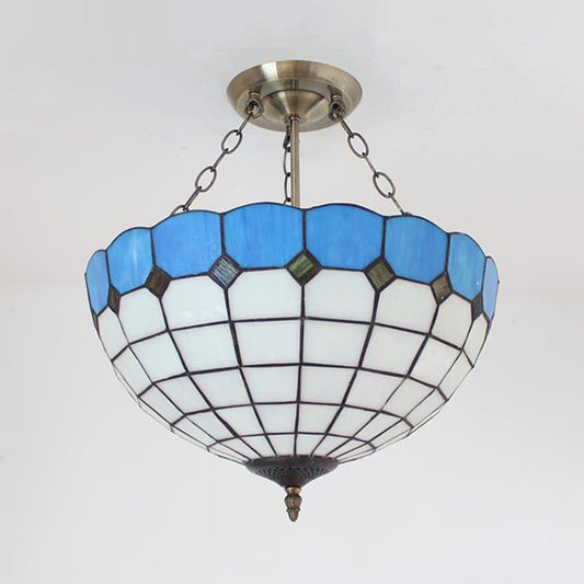 Semi Globe Hanging Chandelier with Hanging Rod Stained Glass Foyer Pendant Light in Blue/Brown Clearhalo 'Ceiling Lights' 'Chandeliers' 'Close To Ceiling Lights' 'Close to ceiling' 'Glass shade' 'Glass' 'Semi-flushmount' 'Tiffany close to ceiling' 'Tiffany' Lighting' 37615
