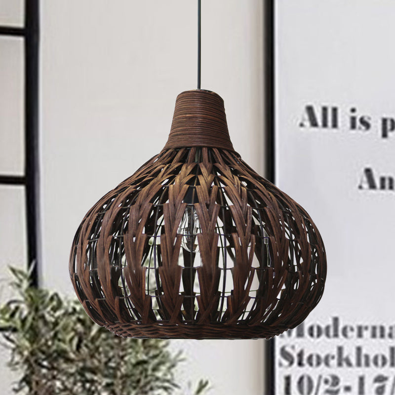 Teardrop Hanging Light Asian Rattan 14"/23.5" Wide 1 Head Coffee Suspended Lighting Fixture Coffee Clearhalo 'Ceiling Lights' 'Pendant Lights' 'Pendants' Lighting' 376860_31f30bf5-2d20-42d4-b542-d4f65953cda2