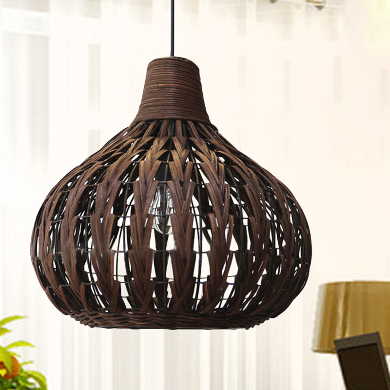 Teardrop Hanging Light Asian Rattan 14"/23.5" Wide 1 Head Coffee Suspended Lighting Fixture Clearhalo 'Ceiling Lights' 'Pendant Lights' 'Pendants' Lighting' 376861