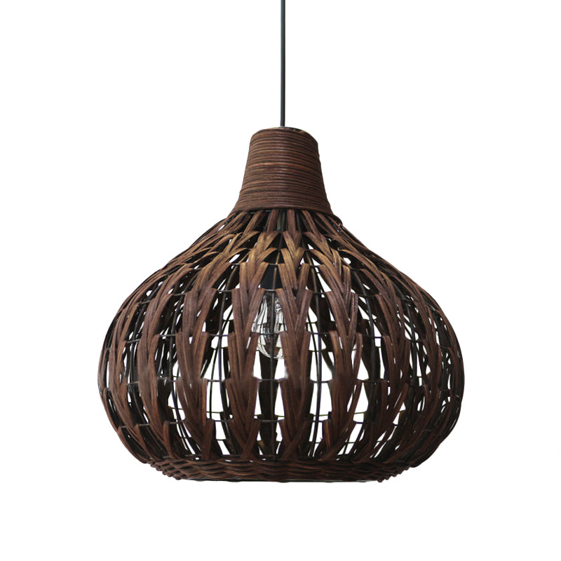 Teardrop Hanging Light Asian Rattan 14"/23.5" Wide 1 Head Coffee Suspended Lighting Fixture Clearhalo 'Ceiling Lights' 'Pendant Lights' 'Pendants' Lighting' 376862