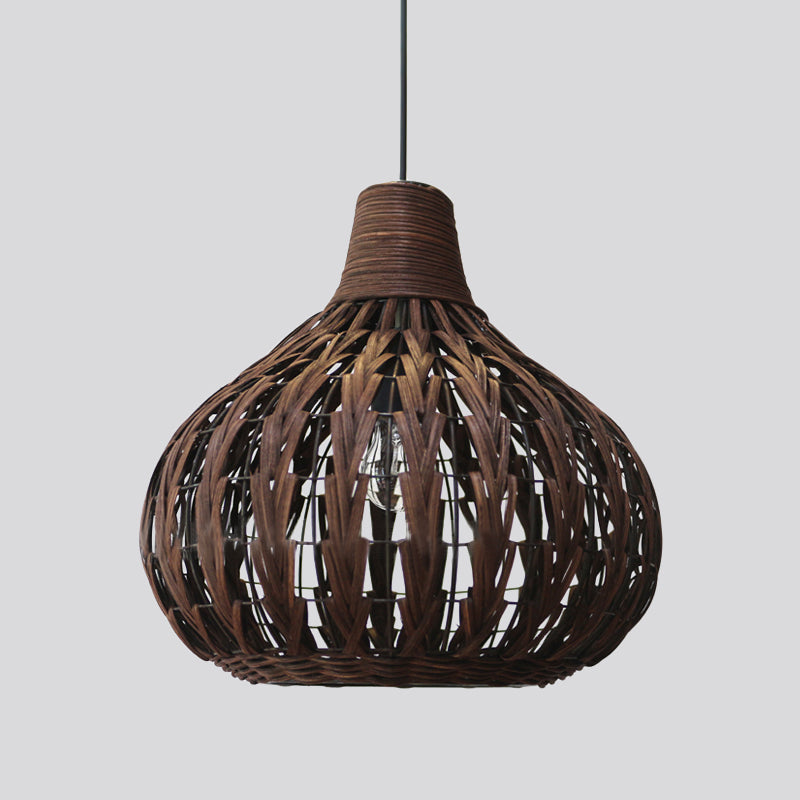 Teardrop Hanging Light Asian Rattan 14"/23.5" Wide 1 Head Coffee Suspended Lighting Fixture Clearhalo 'Ceiling Lights' 'Pendant Lights' 'Pendants' Lighting' 376863