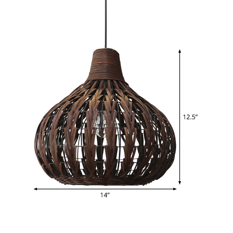 Teardrop Hanging Light Asian Rattan 14"/23.5" Wide 1 Head Coffee Suspended Lighting Fixture Clearhalo 'Ceiling Lights' 'Pendant Lights' 'Pendants' Lighting' 376864