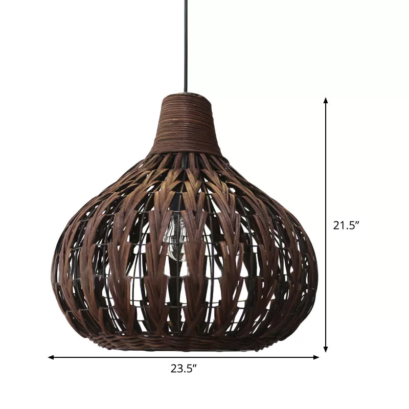 Teardrop Hanging Light Asian Rattan 14"/23.5" Wide 1 Head Coffee Suspended Lighting Fixture Clearhalo 'Ceiling Lights' 'Pendant Lights' 'Pendants' Lighting' 376865