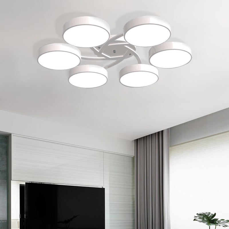 Black/White Drum Shade Ceiling Light 3/6/9 Heads Nordic Style Acrylic Semi Ceiling Mount Light for Living Room 6 White Clearhalo 'Ceiling Lights' 'Close To Ceiling Lights' 'Close to ceiling' 'Semi-flushmount' Lighting' 377204