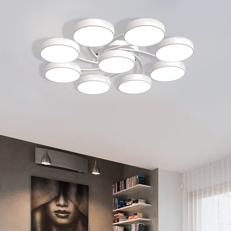 Black/White Drum Shade Ceiling Light 3/6/9 Heads Nordic Style Acrylic Semi Ceiling Mount Light for Living Room 9 White Clearhalo 'Ceiling Lights' 'Close To Ceiling Lights' 'Close to ceiling' 'Semi-flushmount' Lighting' 377208