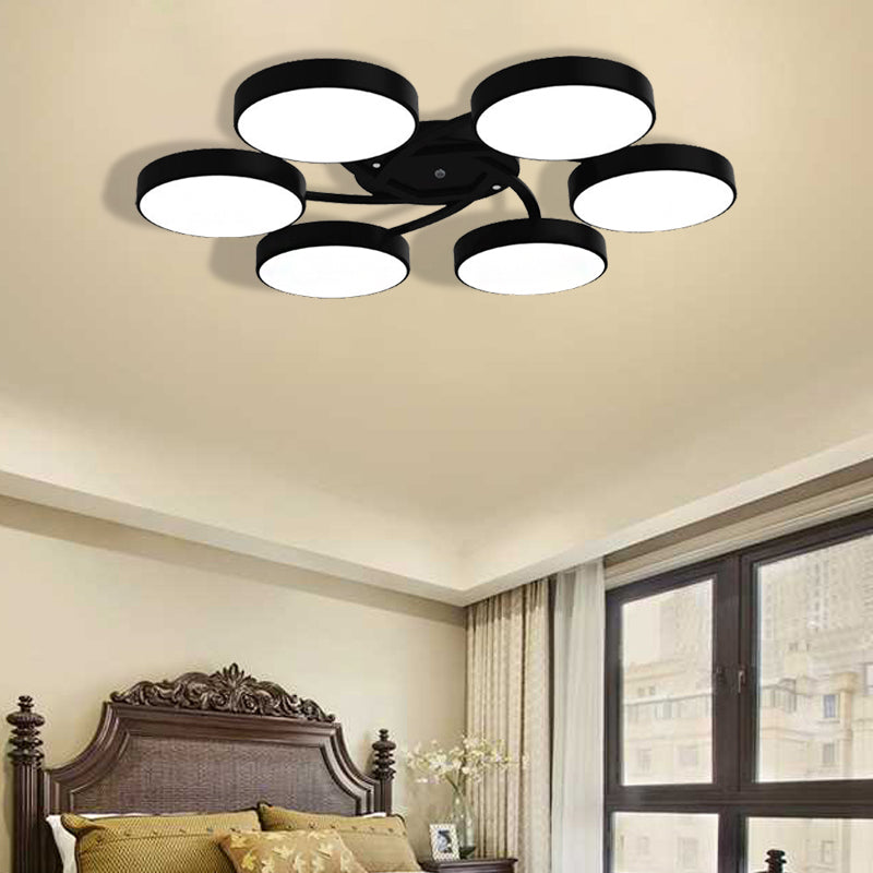 Black/White Drum Shade Ceiling Light 3/6/9 Heads Nordic Style Acrylic Semi Ceiling Mount Light for Living Room 6 Black Clearhalo 'Ceiling Lights' 'Close To Ceiling Lights' 'Close to ceiling' 'Semi-flushmount' Lighting' 377215