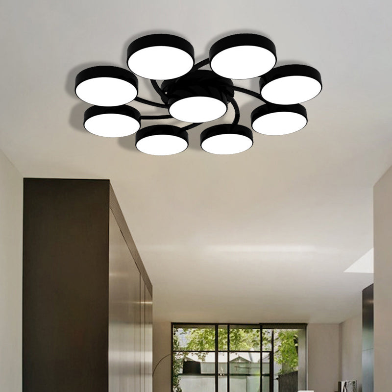 Black/White Drum Shade Ceiling Light 3/6/9 Heads Nordic Style Acrylic Semi Ceiling Mount Light for Living Room 9 Black Clearhalo 'Ceiling Lights' 'Close To Ceiling Lights' 'Close to ceiling' 'Semi-flushmount' Lighting' 377218