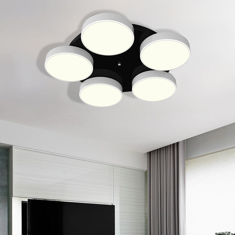 3/5/8/12 Heads Drum Flush Mount Light Modern Acrylic and Metal Ceiling Lamp in Black/White for Study Room 5 White Clearhalo 'Ceiling Lights' 'Close To Ceiling Lights' 'Close to ceiling' 'Semi-flushmount' Lighting' 377225