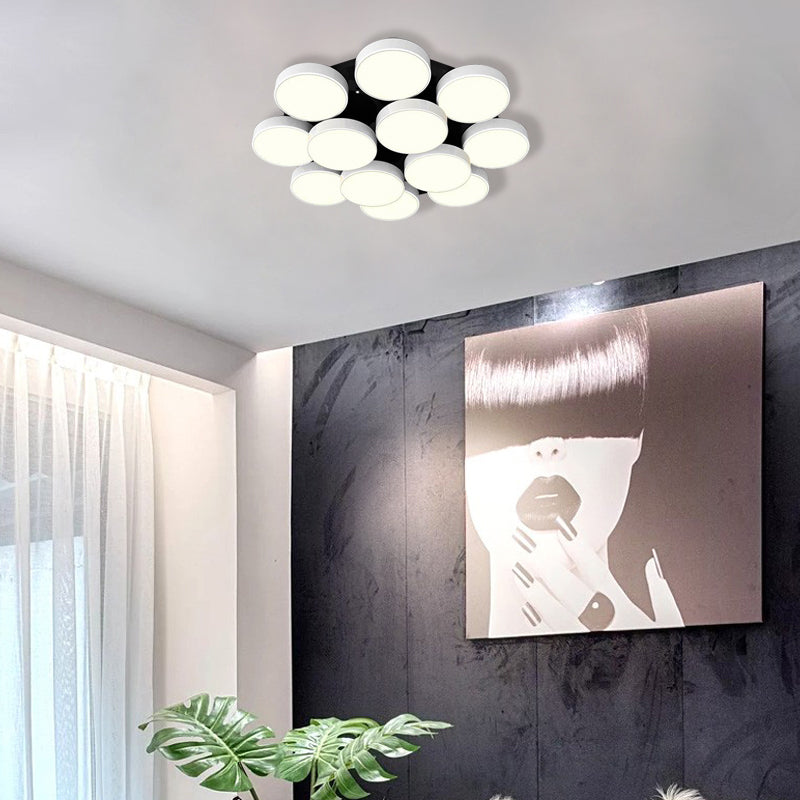 3/5/8/12 Heads Drum Flush Mount Light Modern Acrylic and Metal Ceiling Lamp in Black/White for Study Room Clearhalo 'Ceiling Lights' 'Close To Ceiling Lights' 'Close to ceiling' 'Semi-flushmount' Lighting' 377234