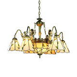 Beige 9/11 Lights Pendant Chandelier Tiffany Cut Glass Conical Hanging Light with Mermaid Deco 9 Beige Clearhalo 'Ceiling Lights' 'Chandeliers' 'Industrial' 'Island Lights' 'Middle Century Chandeliers' 'Tiffany Chandeliers' 'Tiffany close to ceiling' 'Tiffany' Lighting' 37725