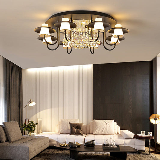 Metallic Circular Semi Flushmount Light 8 Lights Luxurious Black/White Ceiling Light with Crystal Ball for Dining Table Black 31.5" Clearhalo 'Ceiling Lights' 'Close To Ceiling Lights' 'Close to ceiling' 'Semi-flushmount' Lighting' 377302