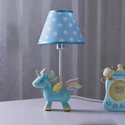 Conic Desk Light Modern Stylish Resin 1 Light Table Lamp with Blue Unicorn and Triangle/Stripes/Star Pattern for Child Bedside Blue Star Clearhalo 'Lamps' 'Table Lamps' Lighting' 37800