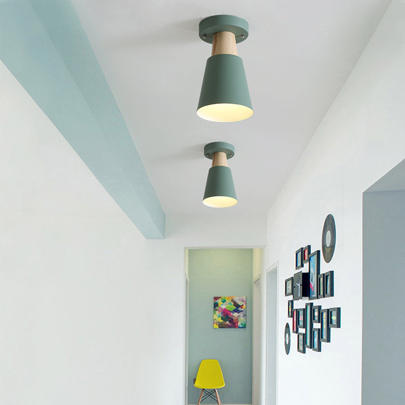 Macaron Conic Semi Flushmount Light 1 Head Metal Semi Flush Mount Ceiling Light in Grey/Pink/Yellow/Green Green Clearhalo 'Ceiling Lights' 'Close To Ceiling Lights' 'Close to ceiling' 'Semi-flushmount' Lighting' 379372