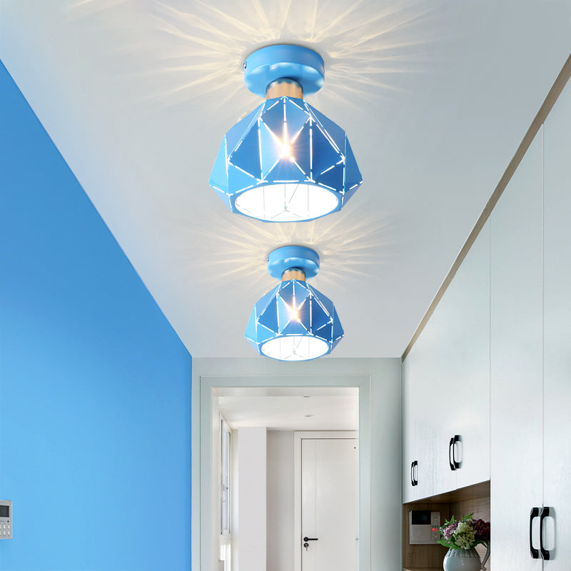 Metal Diamond Ceiling Flush Mount Light Nordic 1 Light Gray/Blue/Gold Flush Mount Light Fixture for Porch Blue Clearhalo 'Ceiling Lights' 'Close To Ceiling Lights' 'Close to ceiling' 'Semi-flushmount' Lighting' 379483