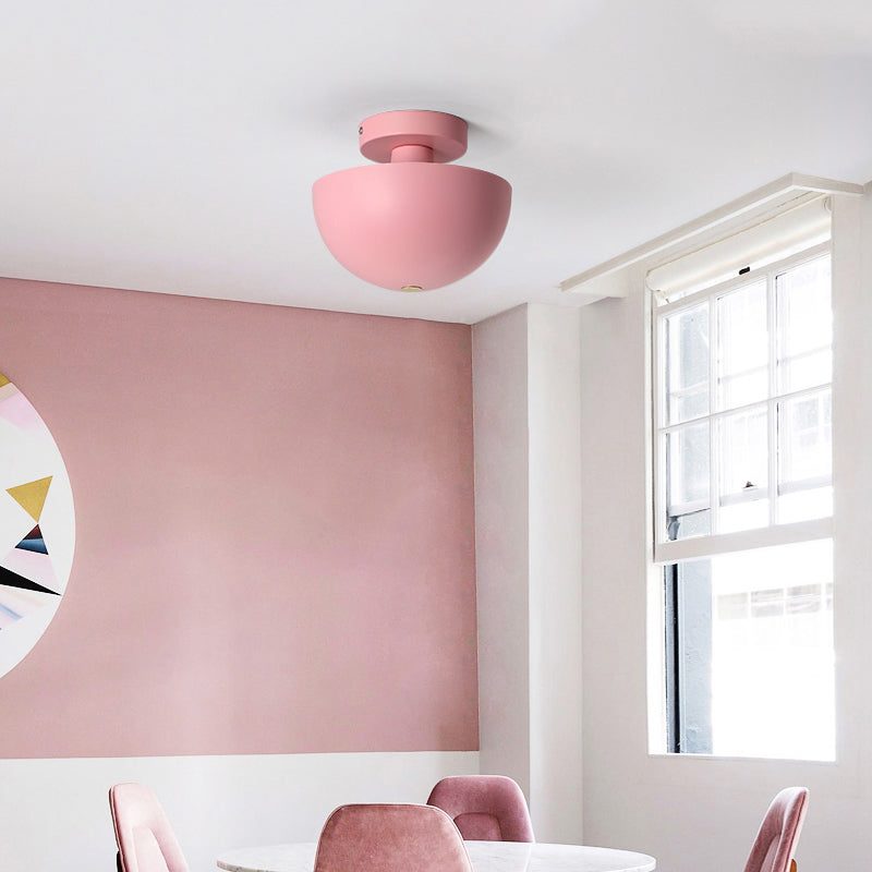 Pink/Yellow/Navy Bowl Semi Flush Ceiling Light Contemporary Metal 1 Bulb Dining Room Semi Flush Mount Lighting Pink Clearhalo 'Ceiling Lights' 'Close To Ceiling Lights' 'Close to ceiling' 'Semi-flushmount' Lighting' 379534