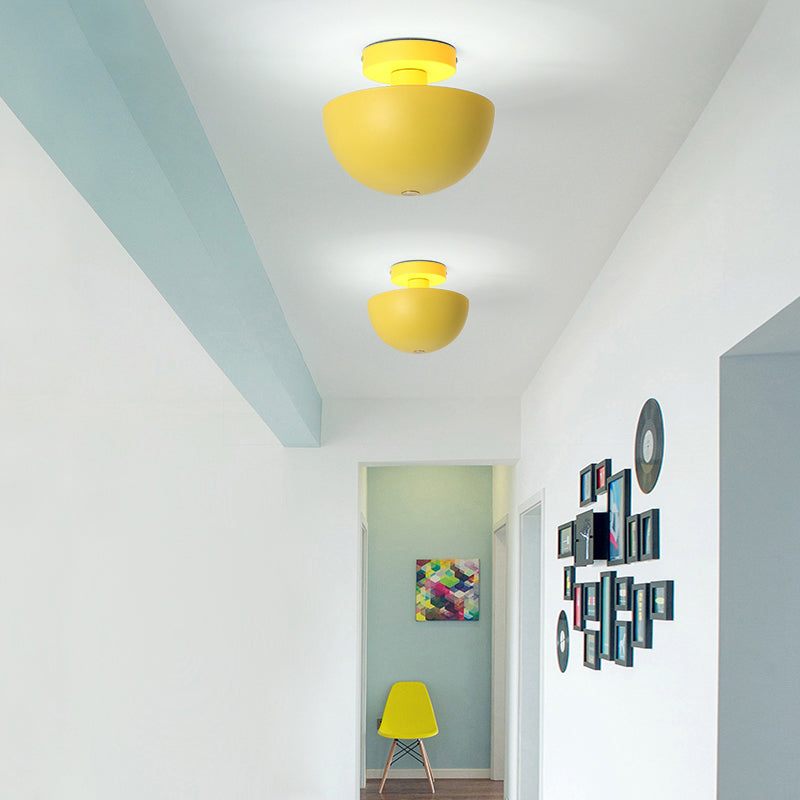 Pink/Yellow/Navy Bowl Semi Flush Ceiling Light Contemporary Metal 1 Bulb Dining Room Semi Flush Mount Lighting Yellow Clearhalo 'Ceiling Lights' 'Close To Ceiling Lights' 'Close to ceiling' 'Semi-flushmount' Lighting' 379538
