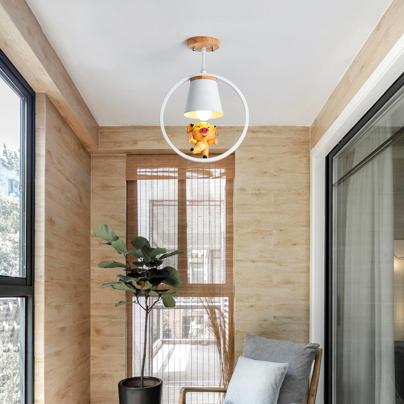 Metal Ring Semi Flushmount Fixture with Conic Shade Minimalism 1 Light Ceiling Flush Mount Light for Kitchen White B Clearhalo 'Ceiling Lights' 'Close To Ceiling Lights' 'Close to ceiling' 'Semi-flushmount' Lighting' 379550