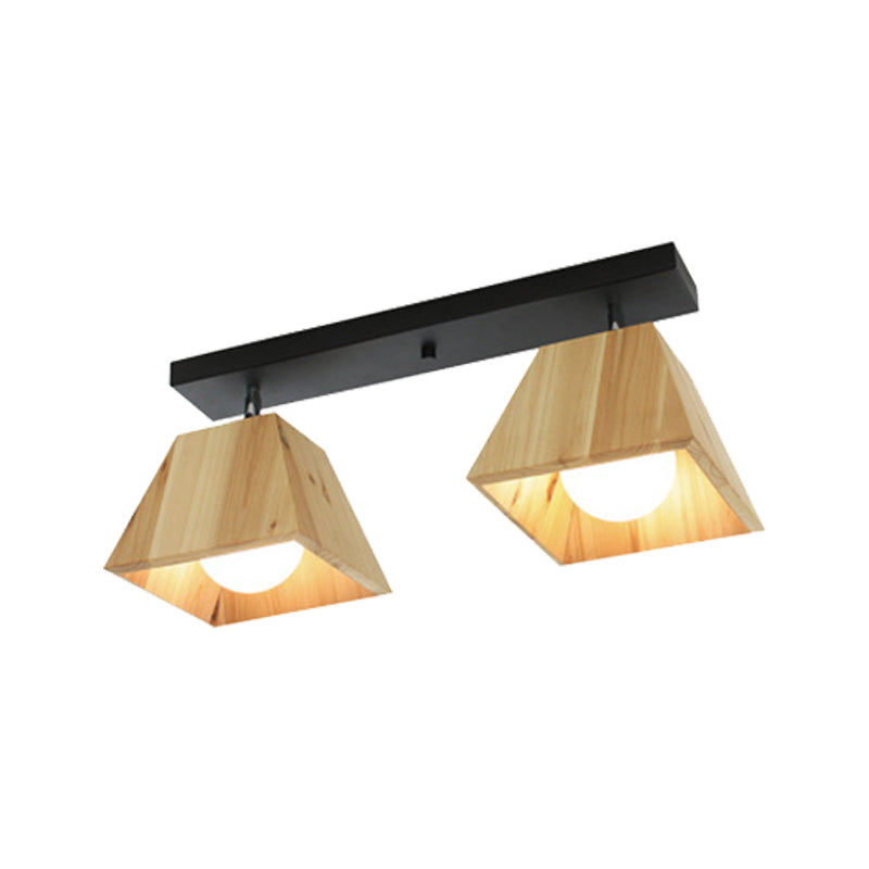 Black/White Linear Semi Flushmount Lamp with Trapezoid Wooden Shade Modern 2/3-Bulb Semi Flush Ceiling Fixture Clearhalo 'Ceiling Lights' 'Close To Ceiling Lights' 'Close to ceiling' 'Semi-flushmount' Lighting' 379563