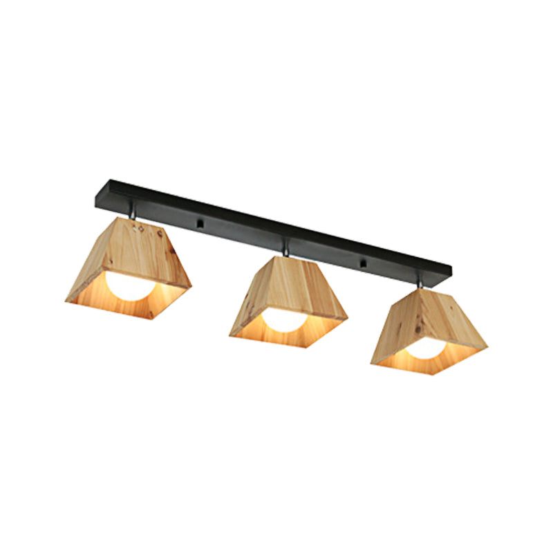 Black/White Linear Semi Flushmount Lamp with Trapezoid Wooden Shade Modern 2/3-Bulb Semi Flush Ceiling Fixture Clearhalo 'Ceiling Lights' 'Close To Ceiling Lights' 'Close to ceiling' 'Semi-flushmount' Lighting' 379567