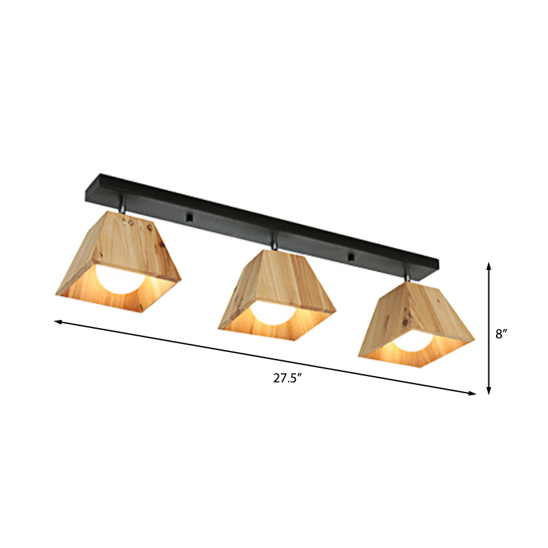 Black/White Linear Semi Flushmount Lamp with Trapezoid Wooden Shade Modern 2/3-Bulb Semi Flush Ceiling Fixture Clearhalo 'Ceiling Lights' 'Close To Ceiling Lights' 'Close to ceiling' 'Semi-flushmount' Lighting' 379568