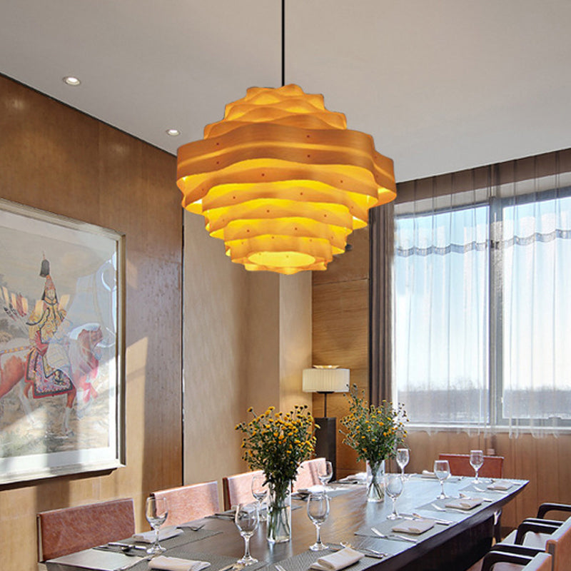 1 Head Dining Room Pendant Lamp Asia Beige Hanging Light Fixture with Tiered Wood Shade Clearhalo 'Ceiling Lights' 'Pendant Lights' 'Pendants' Lighting' 379615