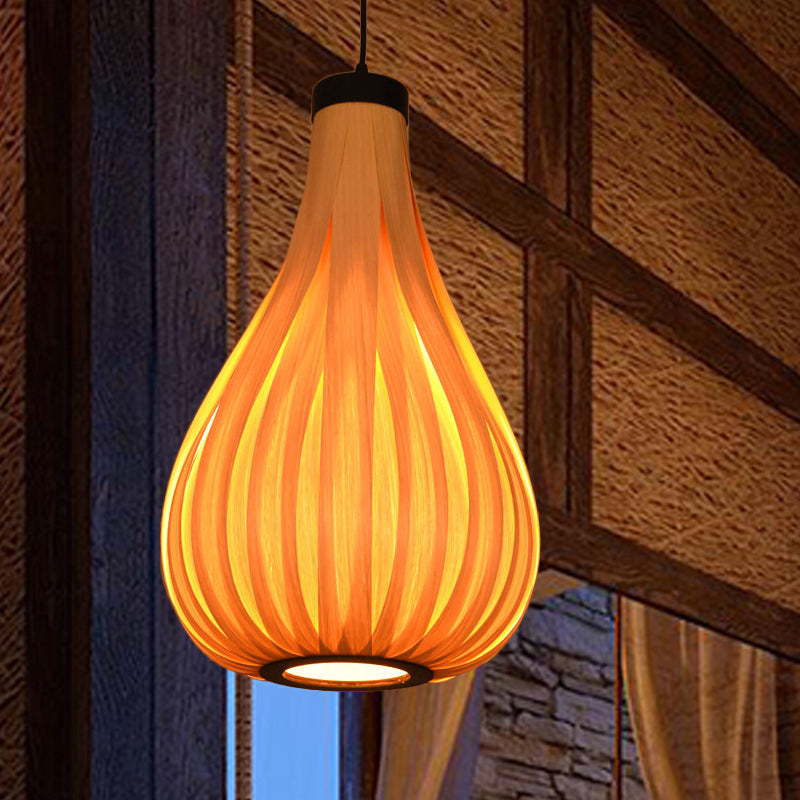 Gourd Wood Ceiling Light Asian 1 Bulb Beige Pendant Lighting Fixture for Restaurant Clearhalo 'Ceiling Lights' 'Pendant Lights' 'Pendants' Lighting' 379636