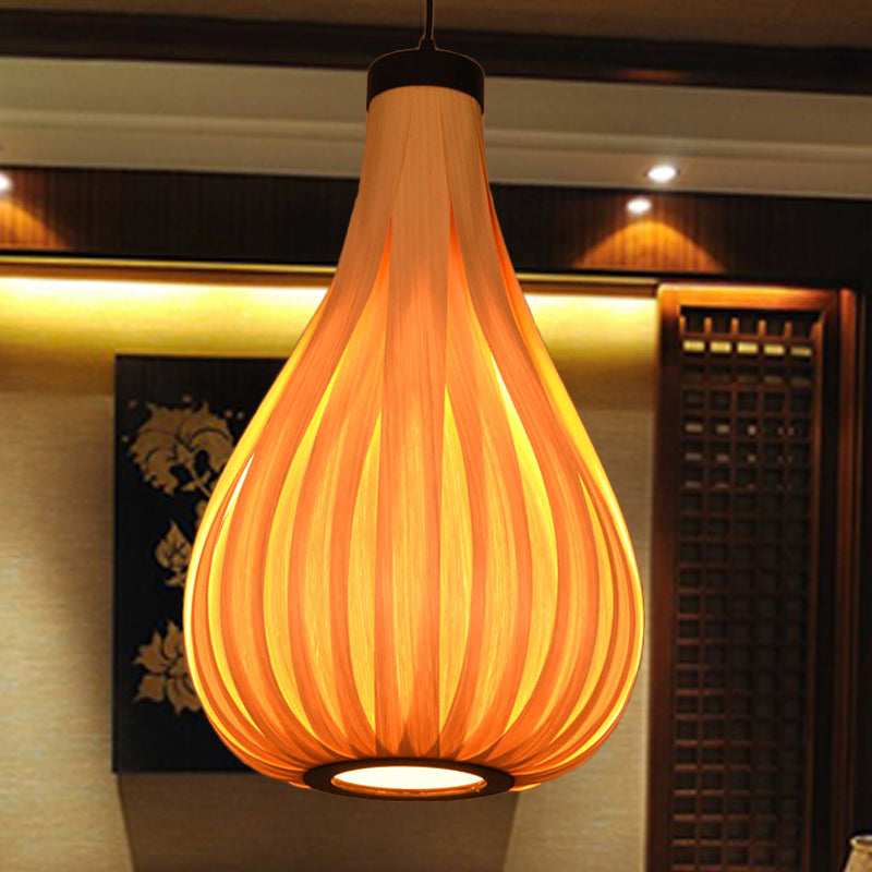 Gourd Wood Ceiling Light Asian 1 Bulb Beige Pendant Lighting Fixture for Restaurant Clearhalo 'Ceiling Lights' 'Pendant Lights' 'Pendants' Lighting' 379637