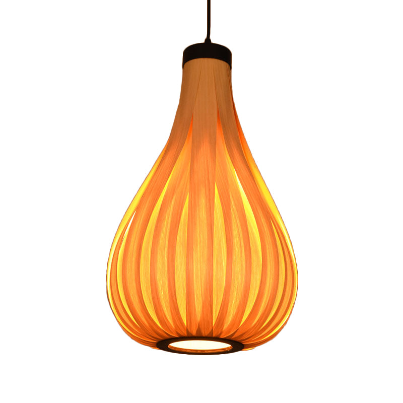 Gourd Wood Ceiling Light Asian 1 Bulb Beige Pendant Lighting Fixture for Restaurant Clearhalo 'Ceiling Lights' 'Pendant Lights' 'Pendants' Lighting' 379638