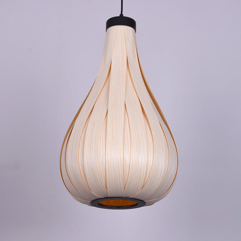 Gourd Wood Ceiling Light Asian 1 Bulb Beige Pendant Lighting Fixture for Restaurant Clearhalo 'Ceiling Lights' 'Pendant Lights' 'Pendants' Lighting' 379639