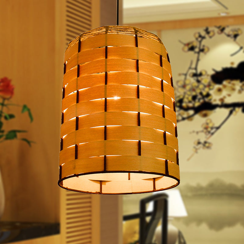 Cylinder Down Lighting Chinese Wood 1 Head Beige Hanging Ceiling Light, 10"/12" Wide Clearhalo 'Ceiling Lights' 'Pendant Lights' 'Pendants' Lighting' 379651